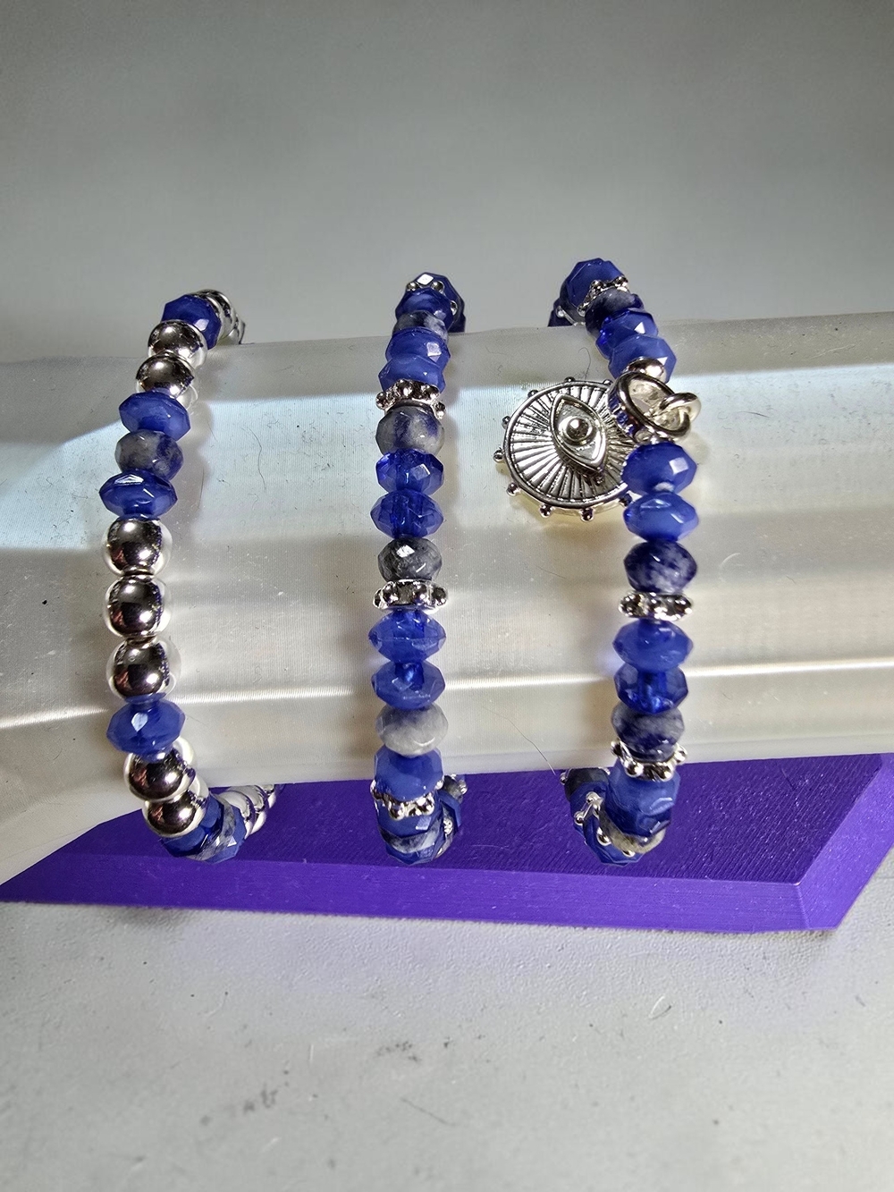 Anne Klein Blue Beaded Multi Strand Stretch Bracelet Silver Charms NWT